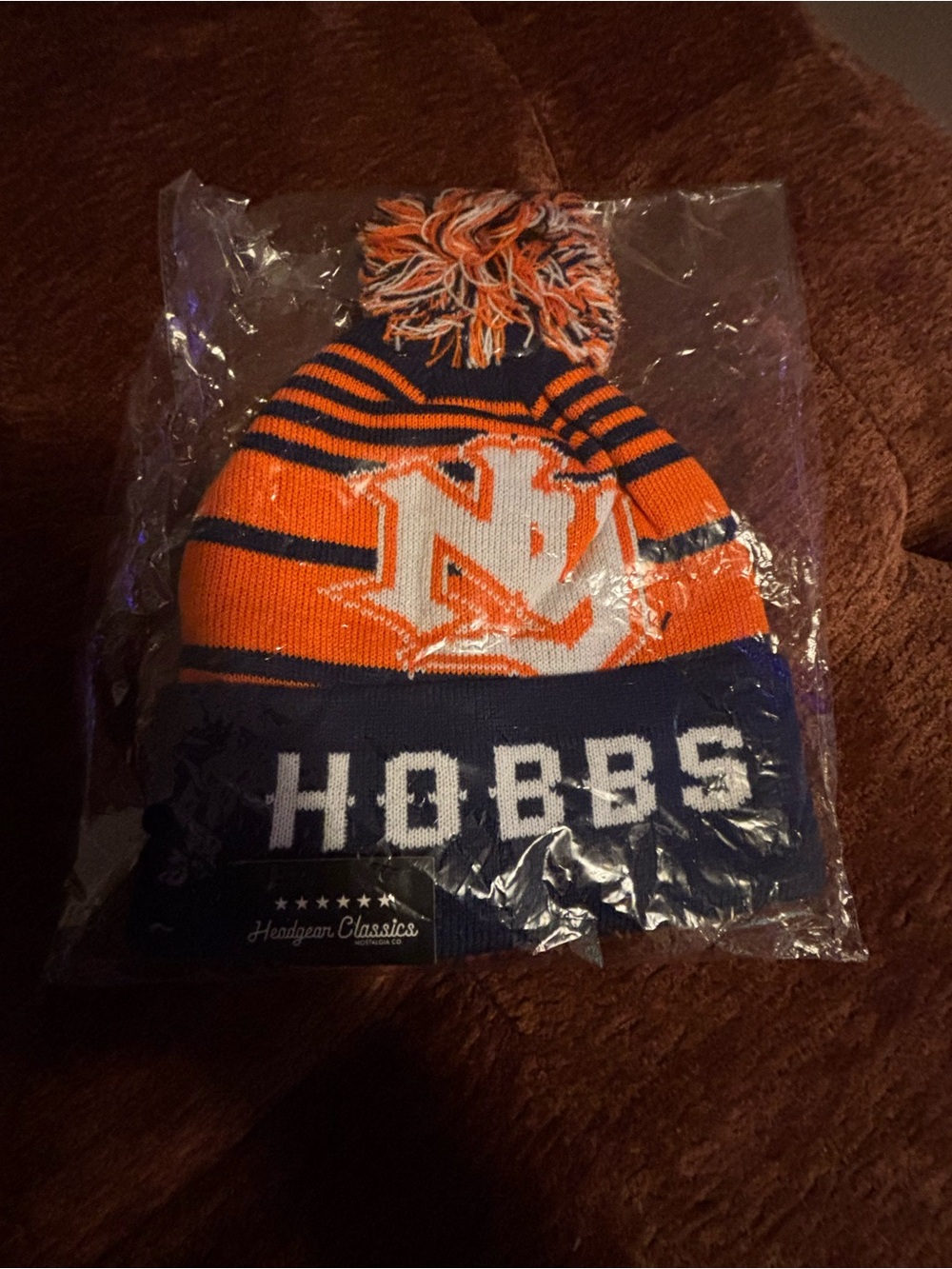Pom Pom Beanie Hat - Orange & Navy